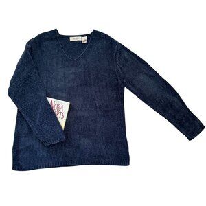 Emily Rose Womens Size Large Chenille V-Neck Pullover Sweater Chunky Knit Blue